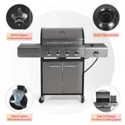 PHI VILLA THD-E02GR001 4-Burner Portable Propane Gas Grill in Stainless Steel with Side Burner and Fixed Side Tables