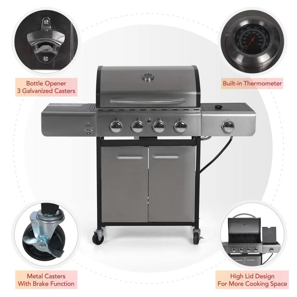 PHI VILLA THD-E02GR001 4-Burner Portable Propane Gas Grill in Stainless Steel with Side Burner and Fixed Side Tables