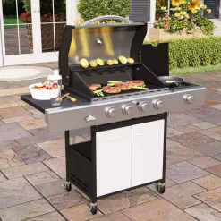PHI VILLA THD-E02GR001 4-Burner Portable Propane Gas Grill in Stainless Steel with Side Burner and Fixed Side Tables