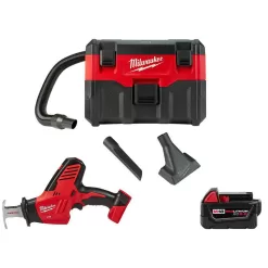 Milwaukee 0880-20-2625-20-48-11-1850 M18 18-Volt 2 Gal. Lithium-Ion Cordless Wet/Dry Vacuum with HACKZALL Reciprocating Saw and 5.0 Ah Battery