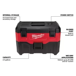 Milwaukee 0880-20-49-90-1900 M18 18-Volt 2 Gal. Lithium-Ion Cordless Wet/Dry Vacuum W/ Extra Wet/Dry HEPA Filter