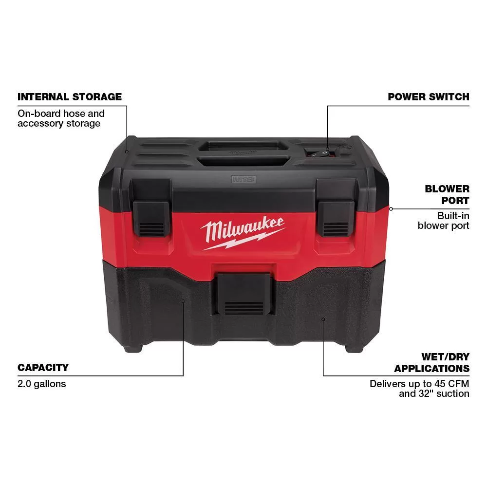 Milwaukee 0880-20-49-90-1900 M18 18-Volt 2 Gal. Lithium-Ion Cordless Wet/Dry Vacuum W/ Extra Wet/Dry HEPA Filter