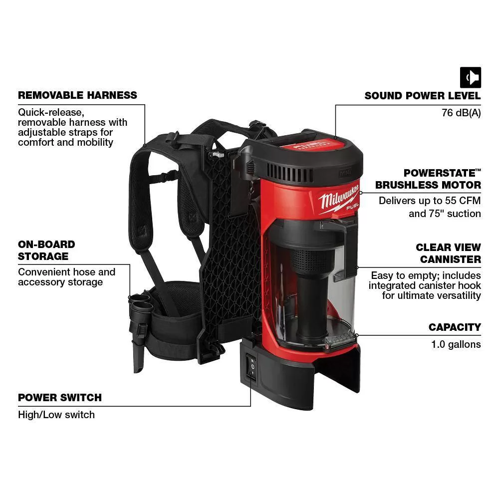 Milwaukee 0885-20-48-11-1880 M18 FUEL 18-Volt Lithium-Ion Brushless 1 Gal. Cordless 3-in-1 Backpack Vacuum with HIGH OUTPUT XC 8.0 Ah Battery