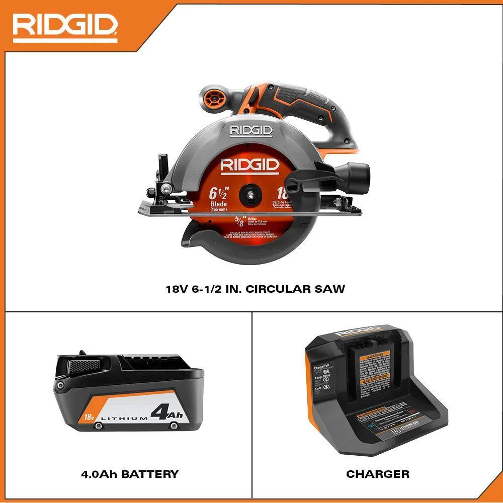 RIDGID R8655KN-AC612N 18V Cordless 6 1/2 in. Circular Saw Kit with (1) 4.0 Ah Battery and Charger with Extra 6-1/2 in. Circular Saw Blade