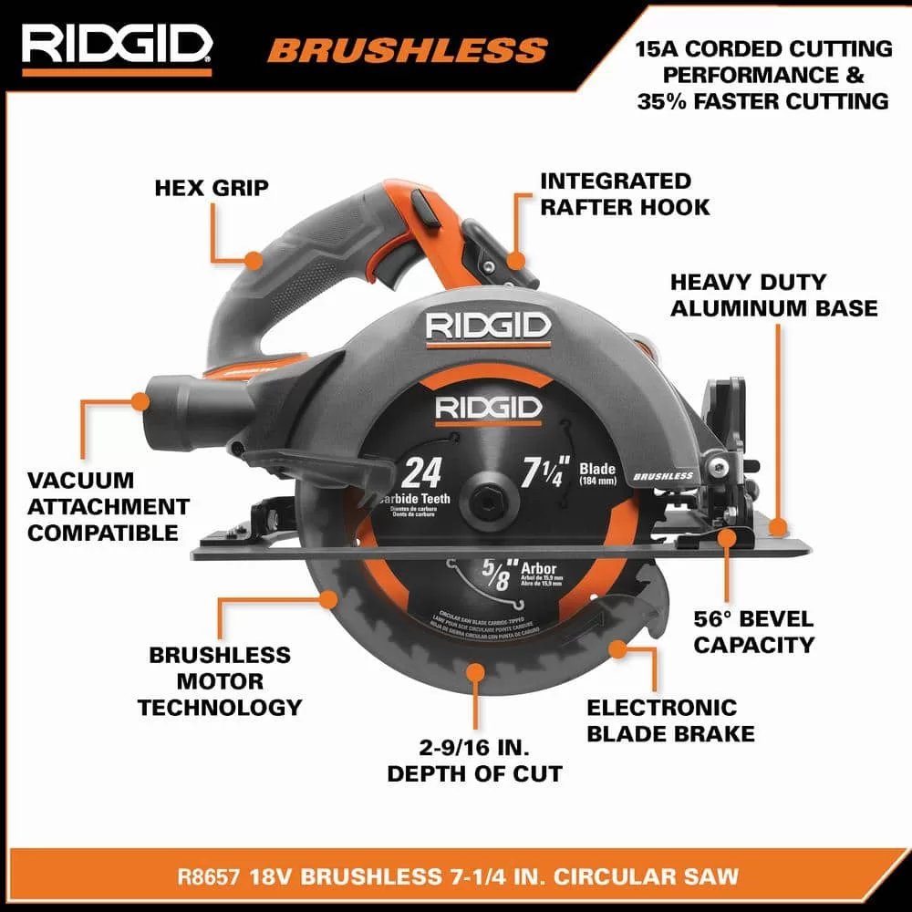 RIDGID R8657KN 18V Brushless Cordless 7-1/4 in. Circular Saw Kit with 4.0 Ah MAX Output Battery and Charger