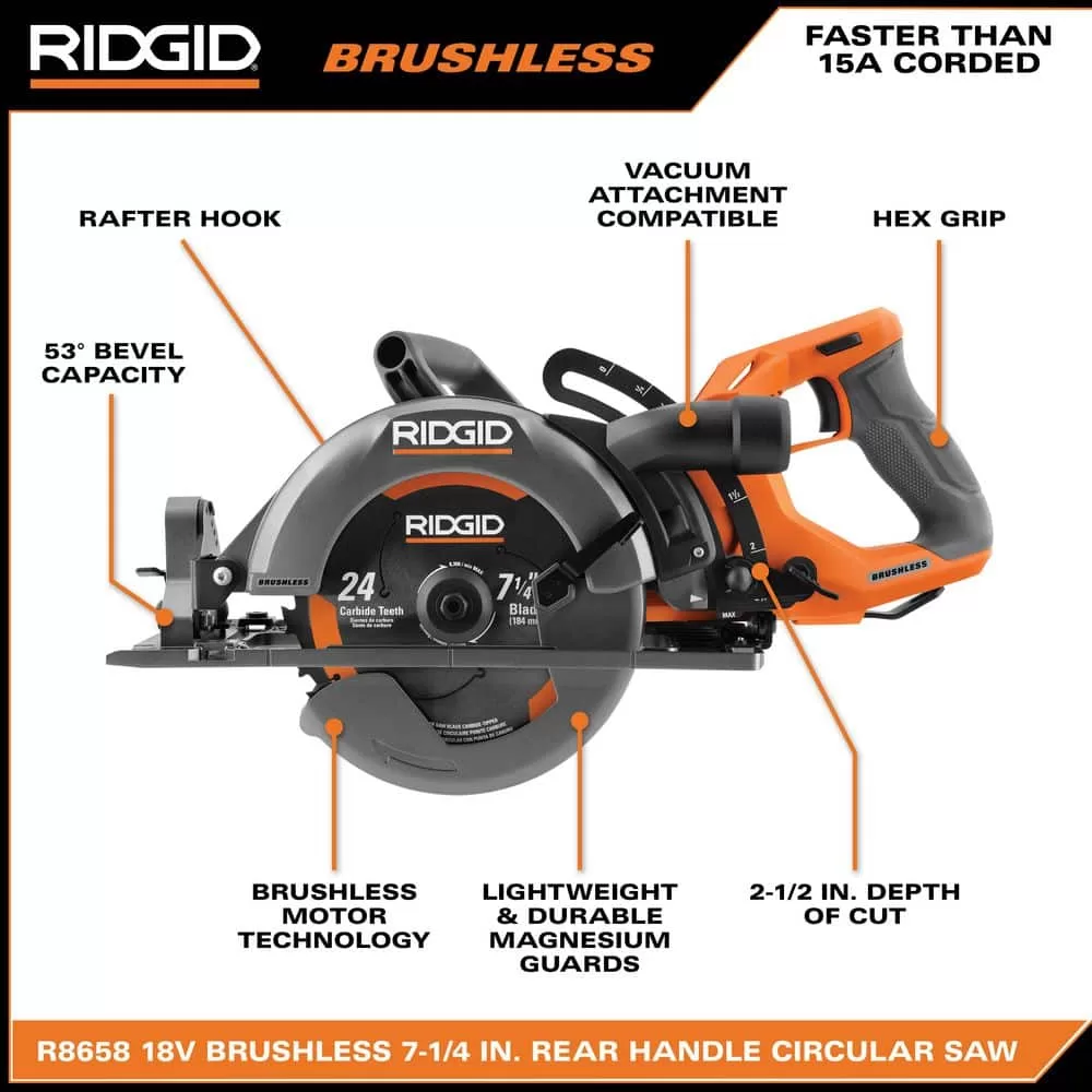 RIDGID R8658K 18V Brushless Cordless 7-1/4 in. Rear Handle Circular Saw Kit with 8.0 Ah MAX Output Battery, 18V Charger and Bag