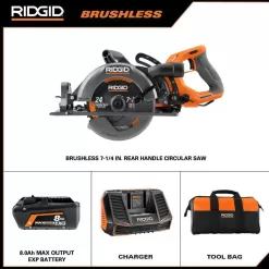 RIDGID R8658K 18V Brushless Cordless 7-1/4 in. Rear Handle Circular Saw Kit with 8.0 Ah MAX Output Battery, 18V Charger and Bag