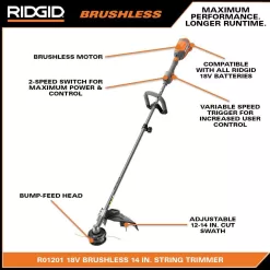 RIDGID R019001-R9272 18V Brushless Cordless String Trimmer, Leaf Blower, Drill/Driver and Impact Driver with (3) Batteries and (2) Chargers