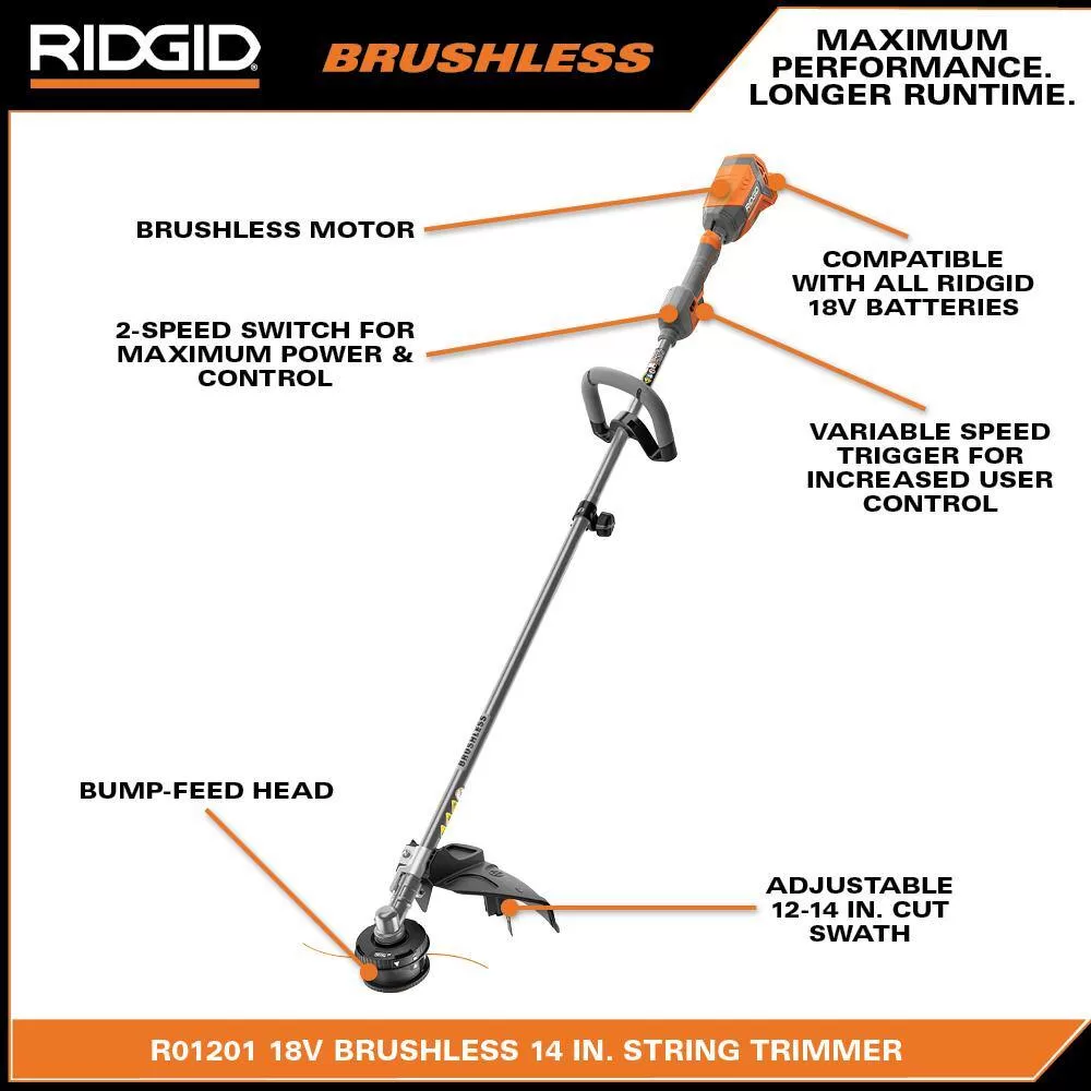 RIDGID R019001-R9272 18V Brushless Cordless String Trimmer, Leaf Blower, Drill/Driver and Impact Driver with (3) Batteries and (2) Chargers