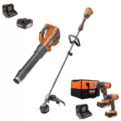 RIDGID R019001-R9272 18V Brushless Cordless String Trimmer, Leaf Blower, Drill/Driver and Impact Driver with (3) Batteries and (2) Chargers