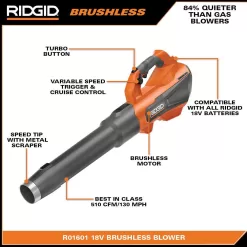 RIDGID R019001-R9272 18V Brushless Cordless String Trimmer, Leaf Blower, Drill/Driver and Impact Driver with (3) Batteries and (2) Chargers