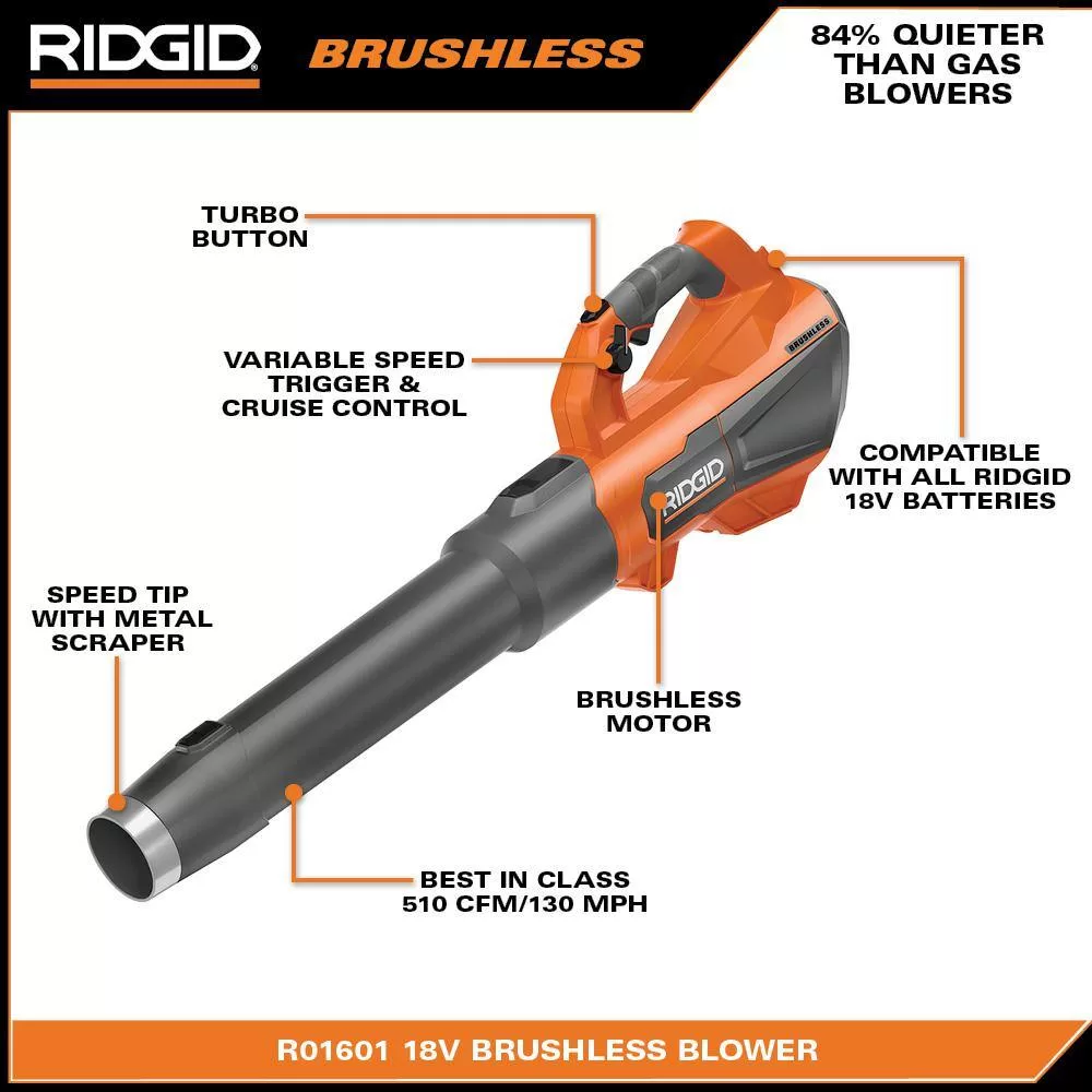 RIDGID R019001-R9272 18V Brushless Cordless String Trimmer, Leaf Blower, Drill/Driver and Impact Driver with (3) Batteries and (2) Chargers