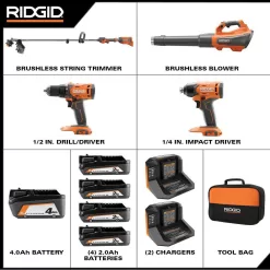 RIDGID R019001-R9272 18V Brushless Cordless String Trimmer, Leaf Blower, Drill/Driver and Impact Driver with (3) Batteries and (2) Chargers