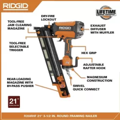 RIDGID 1001834142 Pneumatic 21-Degree 3-1/2 in. Round Head Framing Nailer