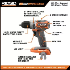 RIDGID R8711K 18V SubCompact Brushless 1/2 in. Hammer Drill Kit with (2) 2.0 Ah Batteries, Charger, and Bag