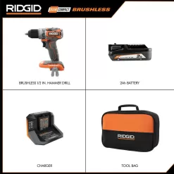 RIDGID R8711K 18V SubCompact Brushless 1/2 in. Hammer Drill Kit with (2) 2.0 Ah Batteries, Charger, and Bag