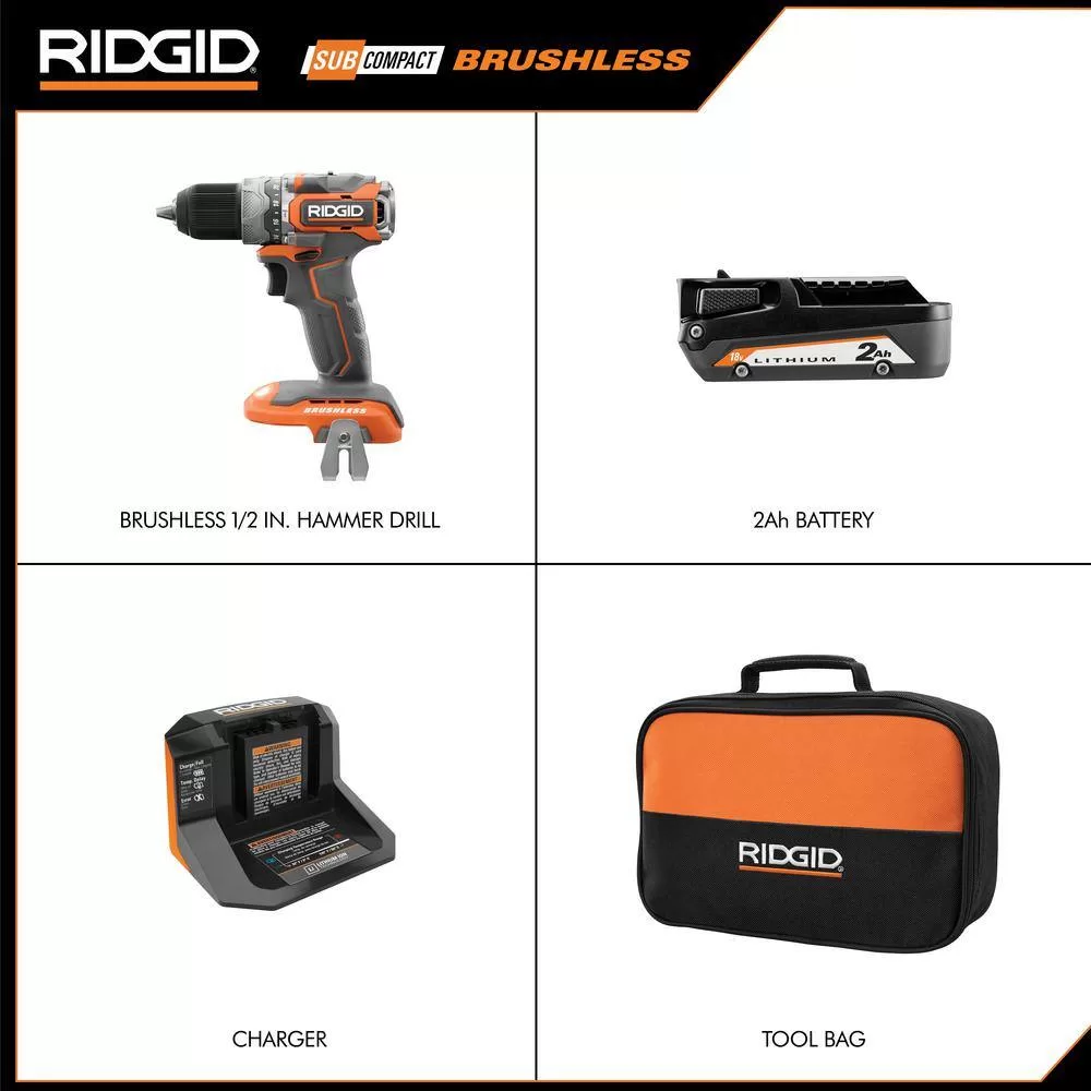RIDGID R8711K 18V SubCompact Brushless 1/2 in. Hammer Drill Kit with (2) 2.0 Ah Batteries, Charger, and Bag