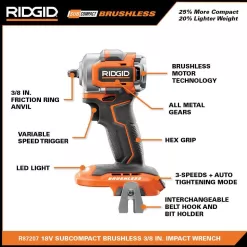 RIDGID R87207B-R87547B 18V SubCompact Brushless Cordless 3/8 in. Impact Wrench and 3 in. Multi-Material Saw (Tools Only)