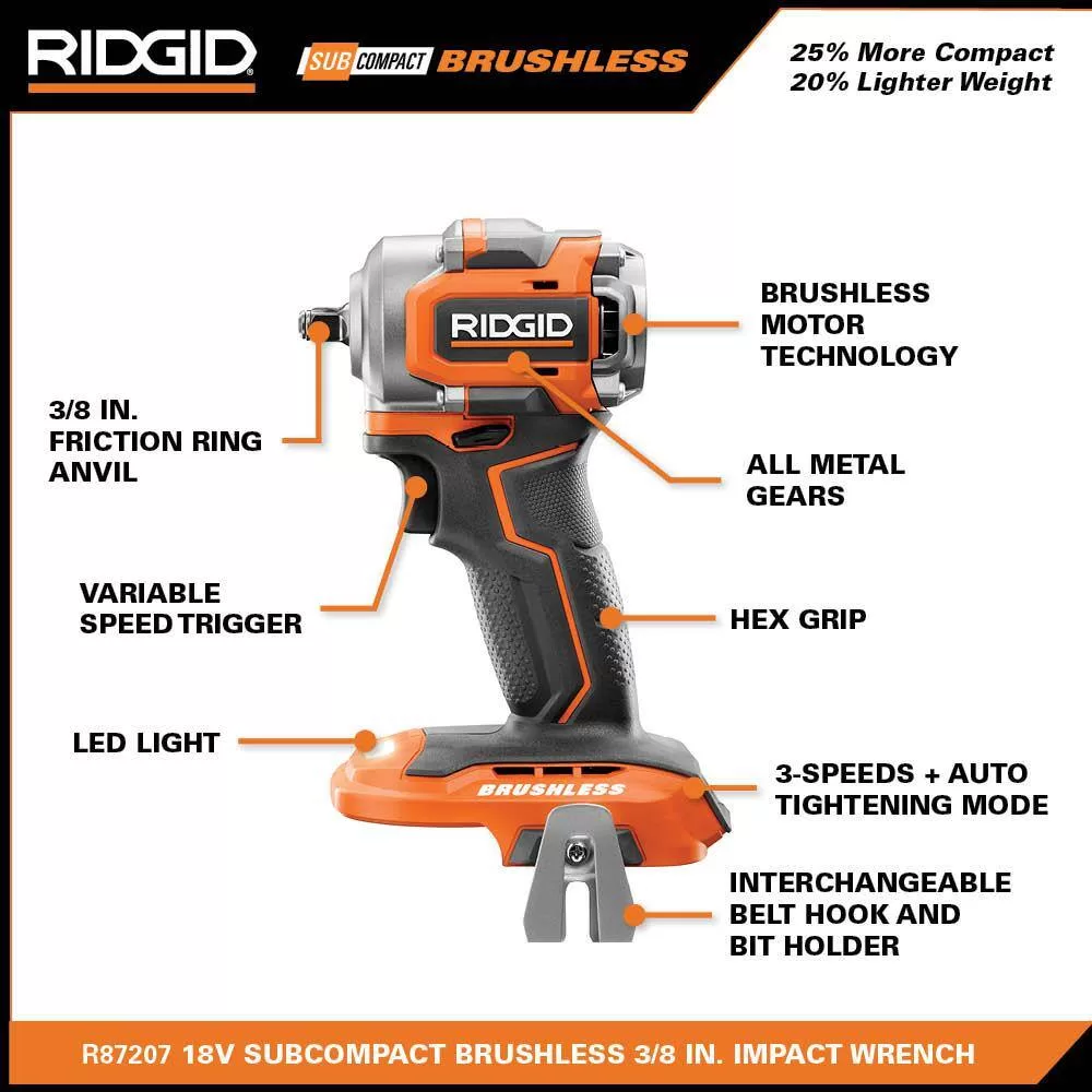 RIDGID R87207B-R87547B 18V SubCompact Brushless Cordless 3/8 in. Impact Wrench and 3 in. Multi-Material Saw (Tools Only)