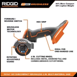 RIDGID R87207B-R87547B 18V SubCompact Brushless Cordless 3/8 in. Impact Wrench and 3 in. Multi-Material Saw (Tools Only)