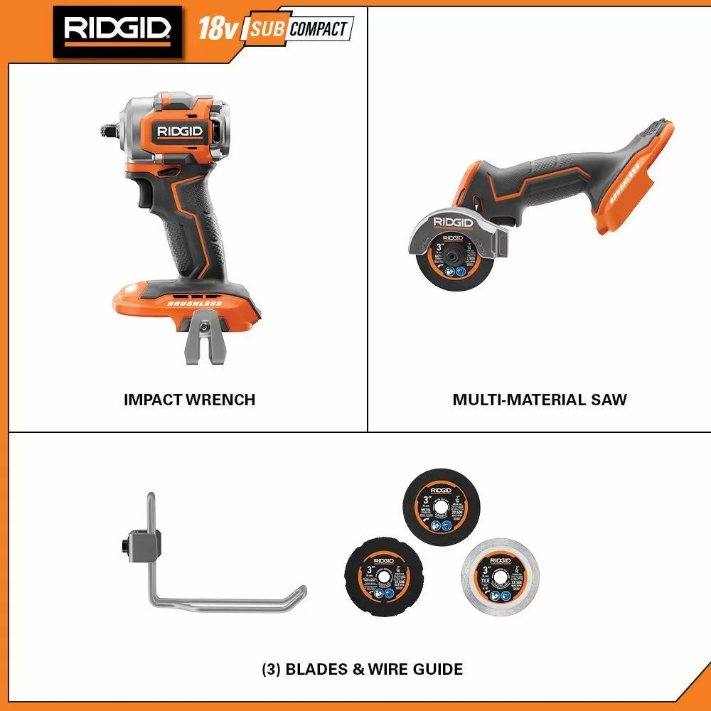 RIDGID R87207B-R87547B 18V SubCompact Brushless Cordless 3/8 in. Impact Wrench and 3 in. Multi-Material Saw (Tools Only)