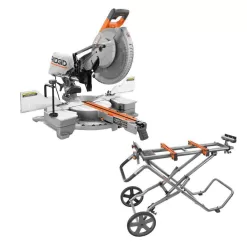 RIDGID R4222-AC9946 15 Amp 12 in. Corded Sliding Miter Saw and Universal Mobile Miter Saw Stand with Mounting Braces