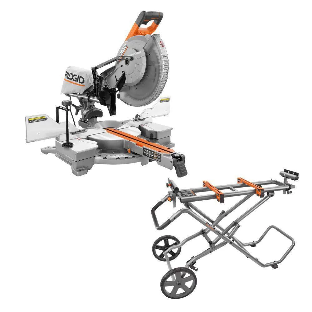 RIDGID R4222-AC9946 15 Amp 12 in. Corded Sliding Miter Saw and Universal Mobile Miter Saw Stand with Mounting Braces