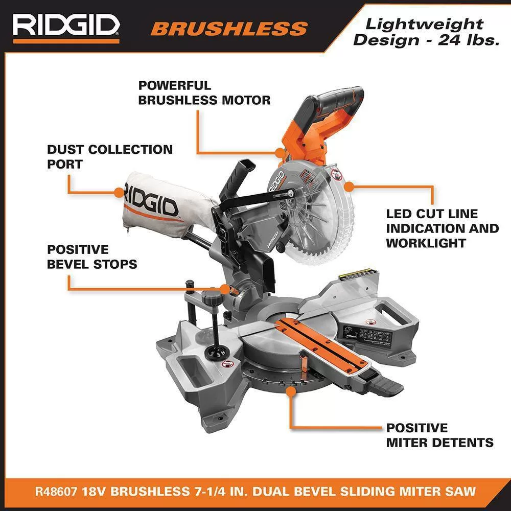 RIDGID R48607B-AC87004P 18V Brushless Cordless 7-1/4 in. Dual Bevel Sliding Miter Saw with 18V Lithium-Ion 4.0 Ah Battery (2-Pack)