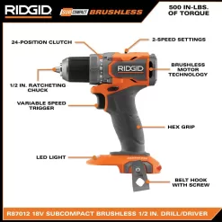 RIDGID 18V SubCompact Brushless Cordless 1/2 in. Drill/Driver Kit with (2) 2.0 Ah Batteries, Charger, and Tool Bag