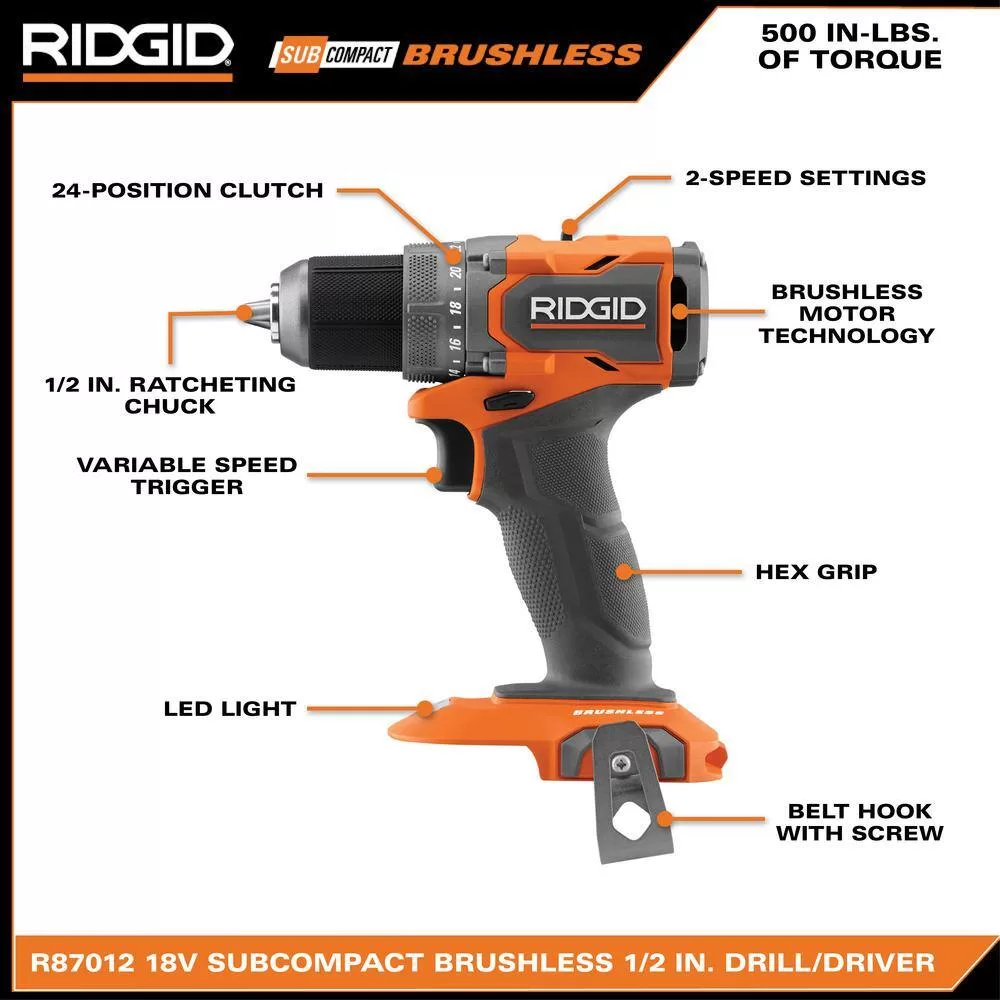 RIDGID 18V SubCompact Brushless Cordless 1/2 in. Drill/Driver Kit with (2) 2.0 Ah Batteries, Charger, and Tool Bag