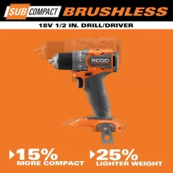 RIDGID 18V SubCompact Brushless Cordless 1/2 in. Drill/Driver Kit with (2) 2.0 Ah Batteries, Charger, and Tool Bag