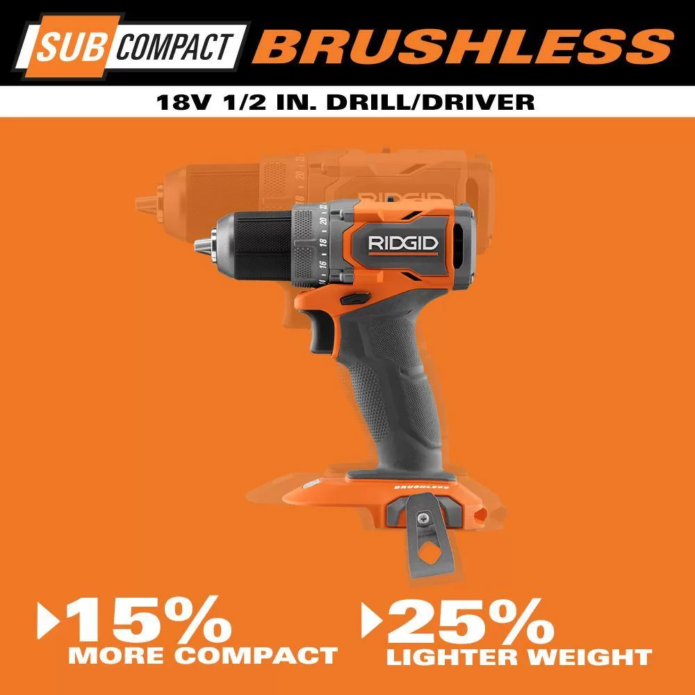 RIDGID 18V SubCompact Brushless Cordless 1/2 in. Drill/Driver Kit with (2) 2.0 Ah Batteries, Charger, and Tool Bag