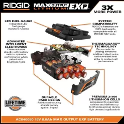 RIDGID AC840080-AC93044SBN 18V 8.0 Ah MAX Output EXP Lithium-Ion Battery with (2) 4.0 Ah Batteries, Charger, and Bag