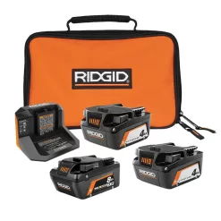 RIDGID AC840080-AC93044SBN 18V 8.0 Ah MAX Output EXP Lithium-Ion Battery with (2) 4.0 Ah Batteries, Charger, and Bag