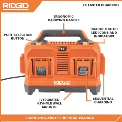 RIDGID AC86096-AC87004P 18V 6-Port Sequential Charger with 4.0 Ah Lithium-Ion Battery (2-Pack)
