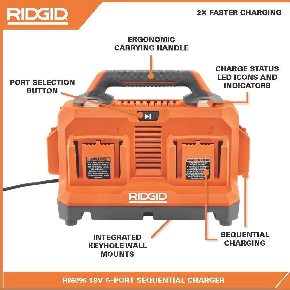 RIDGID AC86096-AC87004P 18V 6-Port Sequential Charger with 4.0 Ah Lithium-Ion Battery (2-Pack)