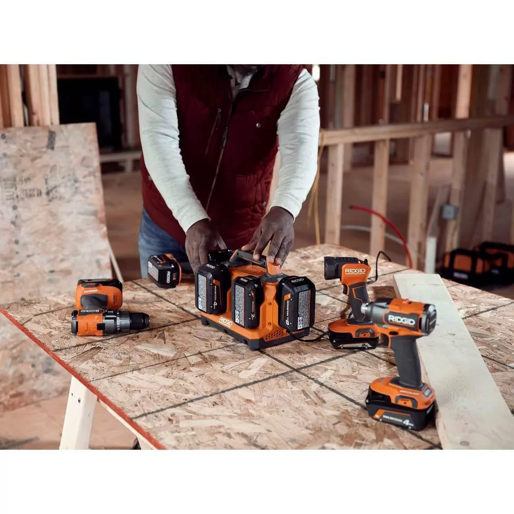 RIDGID AC86096-AC87004P 18V 6-Port Sequential Charger with 4.0 Ah Lithium-Ion Battery (2-Pack)