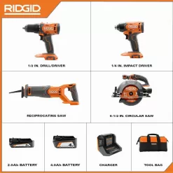 RIDGID R96256 18V Cordless 4-Tool Combo Kit with (1) 4.0 Ah Battery, (1) 2.0 Ah Battery, Charger, and Bag
