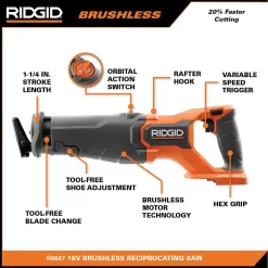 RIDGID R8647B-AC840040 18V Brushless Cordless Reciprocating Saw Kit with 18V 4.0 Ah MAX Output Lithium-Ion Battery