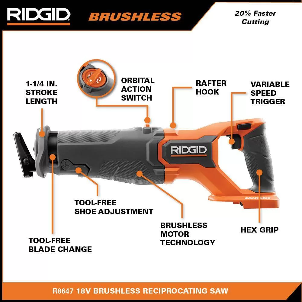 RIDGID R8647B-AC840040 18V Brushless Cordless Reciprocating Saw Kit with 18V 4.0 Ah MAX Output Lithium-Ion Battery