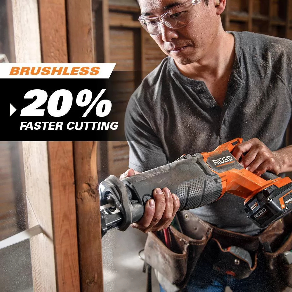 RIDGID R8647B-AC840040 18V Brushless Cordless Reciprocating Saw Kit with 18V 4.0 Ah MAX Output Lithium-Ion Battery