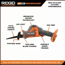RIDGID R8648B 18V SubCompact Brushless Cordless One-Handed Reciprocating Saw (Tool Only)