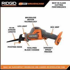 RIDGID R8648KN 18V SubCompact Brushless Cordless One-Handed Reciprocating Saw Kit with 2.0 Ah Battery and Charger