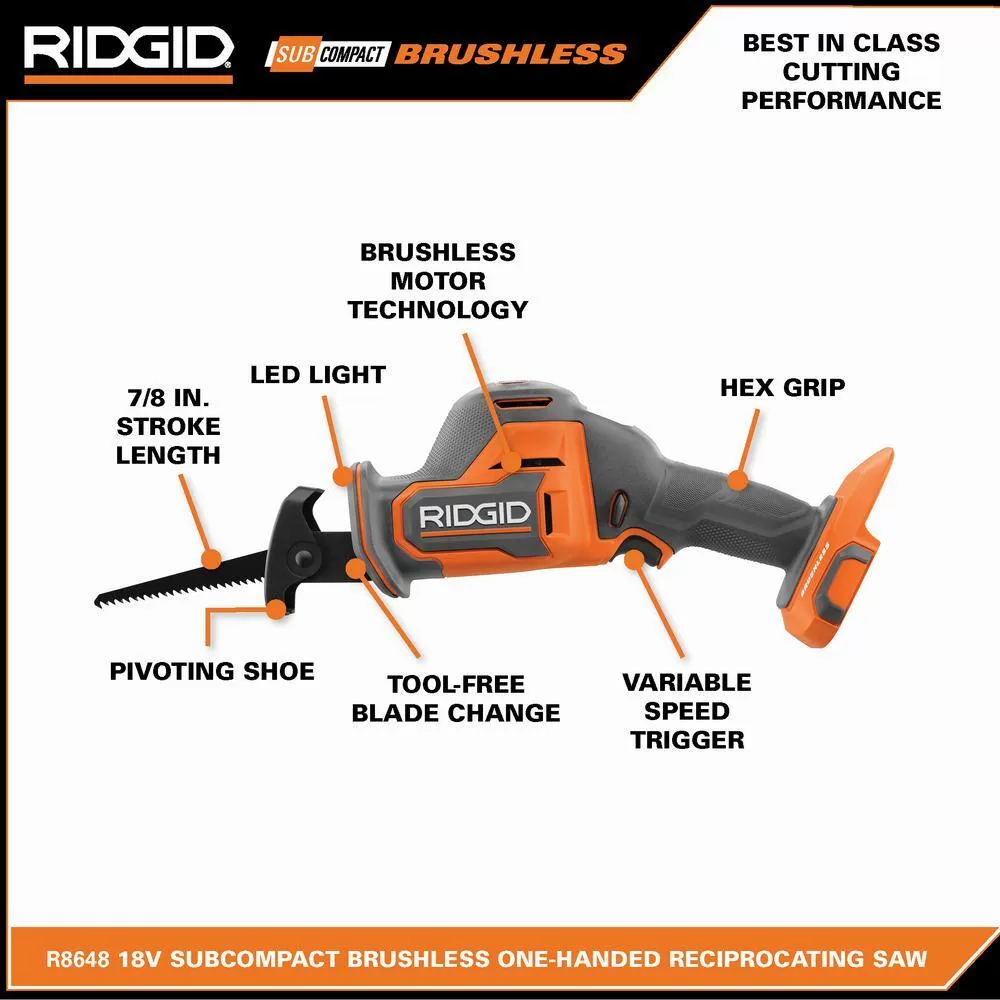 RIDGID R8648KN 18V SubCompact Brushless Cordless One-Handed Reciprocating Saw Kit with 2.0 Ah Battery and Charger