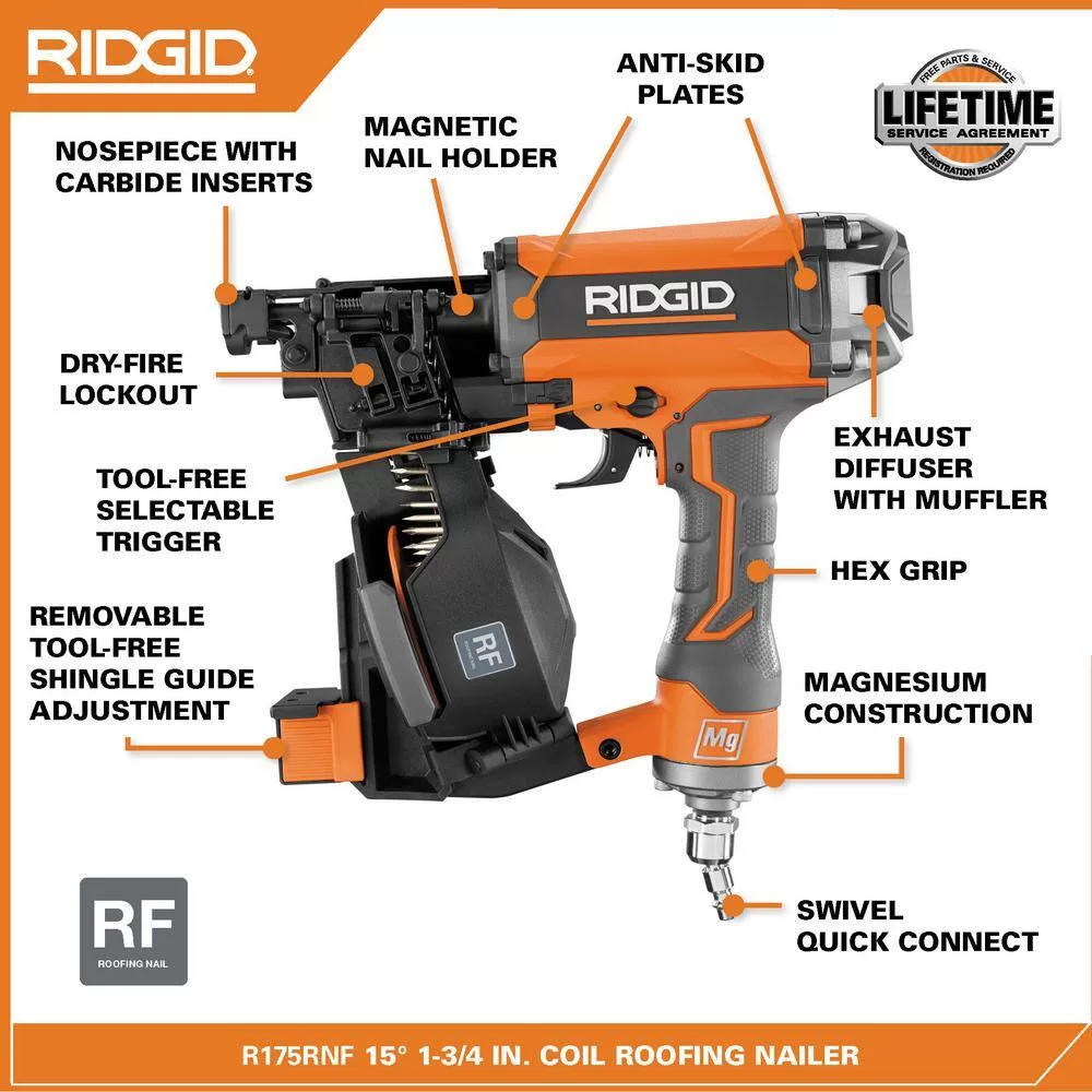 RIDGID 1001834140 Pneumatic 15 Deg. 1-3/4 in. Coil Roofing Nailer