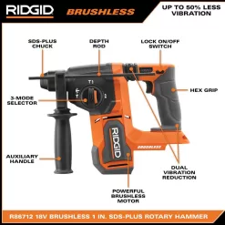 RIDGID R86712B 18V Brushless Cordless 1 in. SDS-Plus Rotary Hammer (Tool Only)