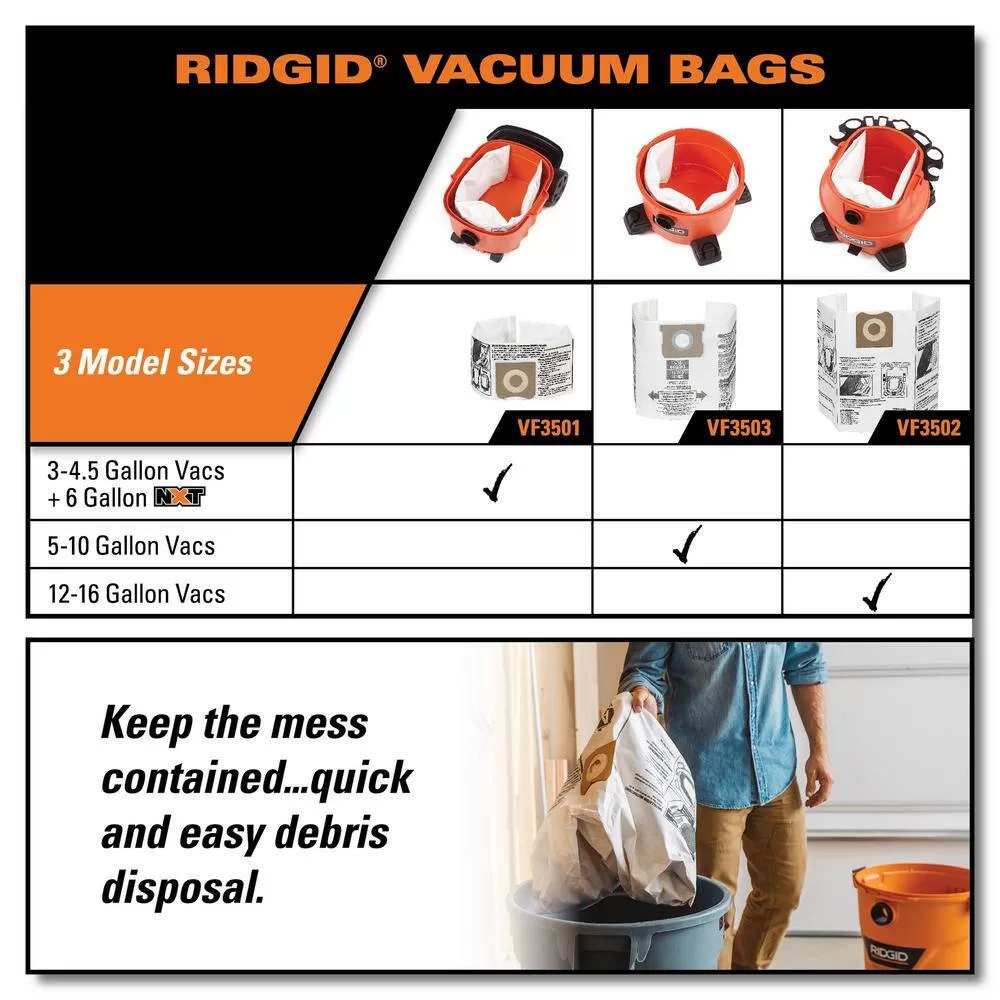 RIDGID VF3503B High-Eff. Size B Dust Collection Bags for 5-8 Gal. Shop-Vac Branded Vacs, 5-10 Gal. RIDGID Vacs, except HD0600 (12-Pack)