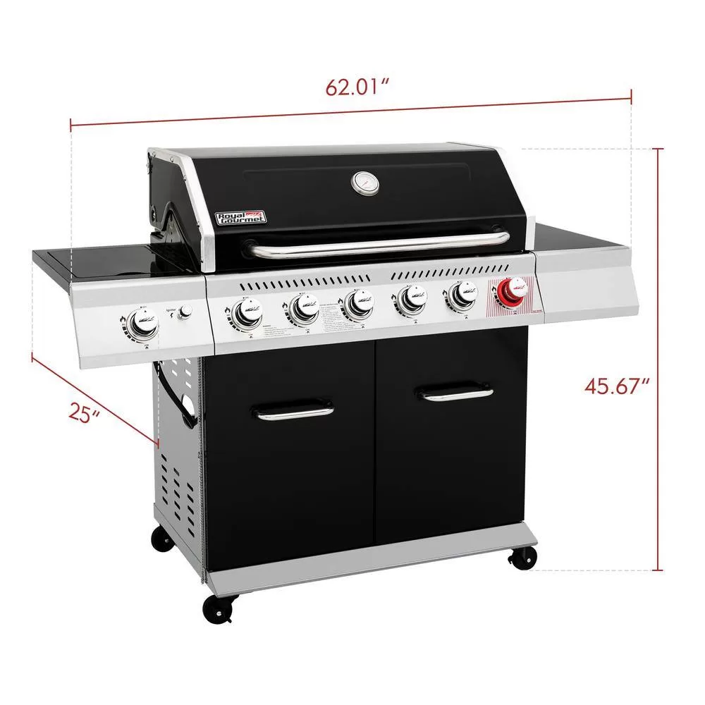 Royal Gourmet GA6402H 6-Burner BBQ Liquid Propane Gas Grill with Sear Burner and Side Burner, 74,000 BTU, Cabinet Style Grill in Black