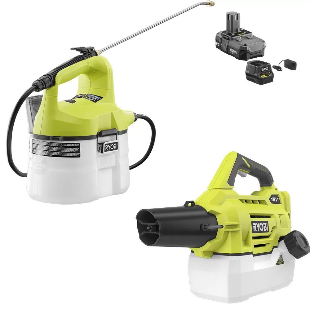 RYOBI P2810-P2805BTL ONE+ 18V Cordless Battery 1 Gal. Chemical Sprayer and Cordless Fogger/Mister (2-Tool) with 1.3 Ah Battery and Charger