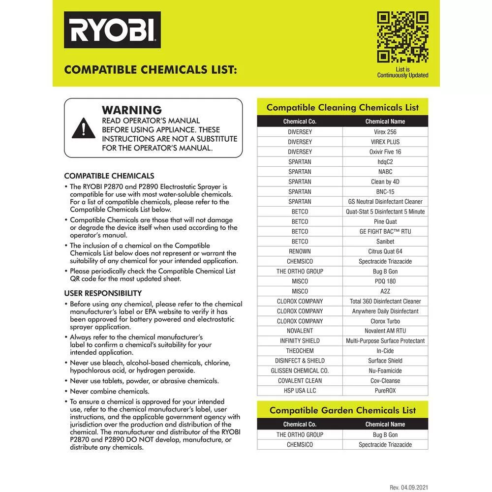 RYOBI P2870-A14 ONE+ 18V Cordless Electrostatic 1 Gal. Sprayer w/ Extra (2) Med. & (1) High Nozzles, (2) 2.0 Ah Batteries, & (1) Charger